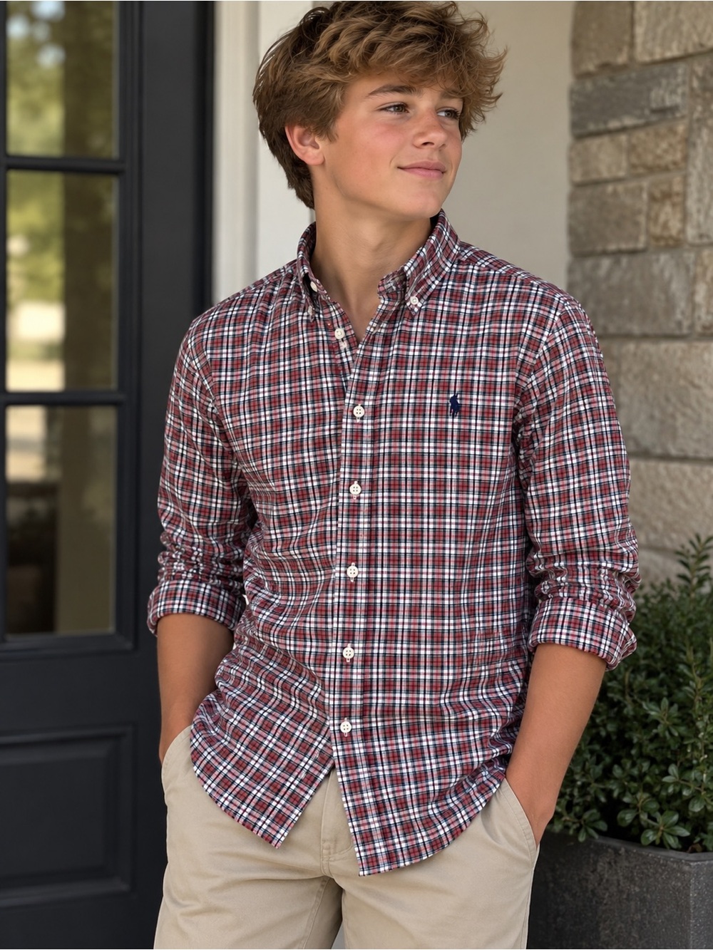 Ralph Lauren Preppy Red, White & Navy Plaid Cotton Button-Down Shirt 14-16